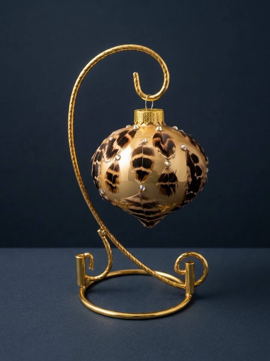 Gold glass onion Christmas ornament covered in pheasant feathers with Swarovski crystals, shown on a gold display stand