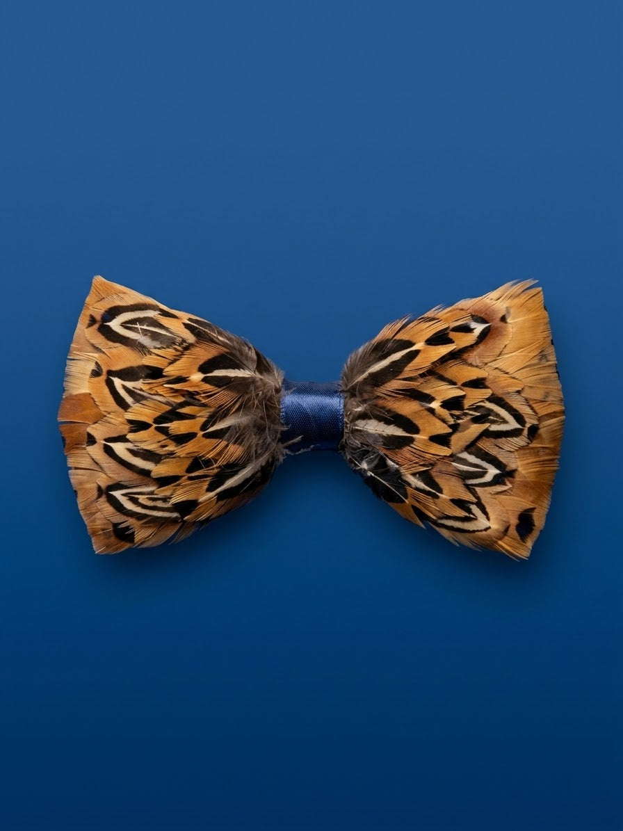 Pheasant Feather Bow Tie — Handmade, Navy Satin Knot