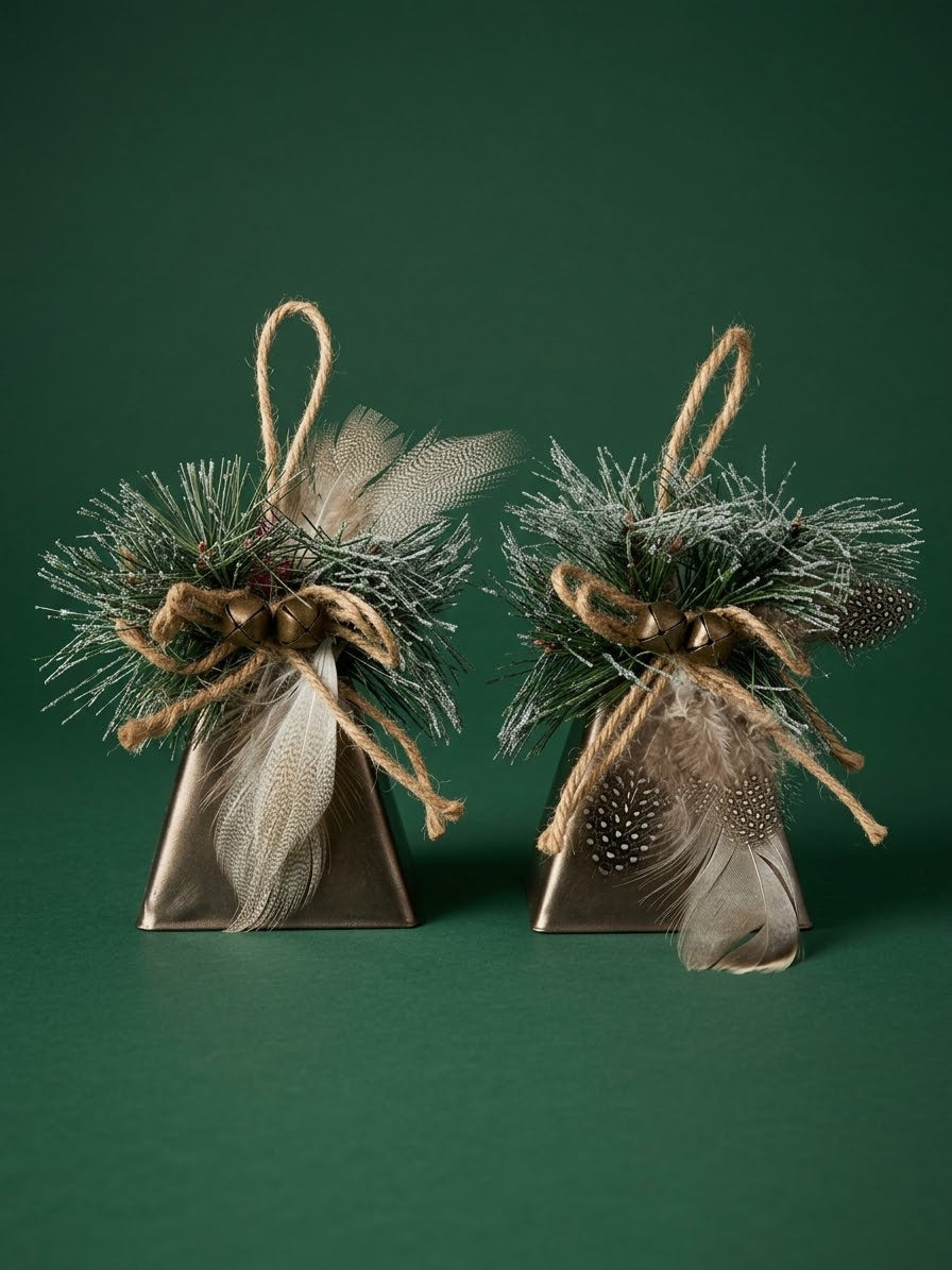 Cow Bell Christmas Ornament — Feathers, Pine & Jute